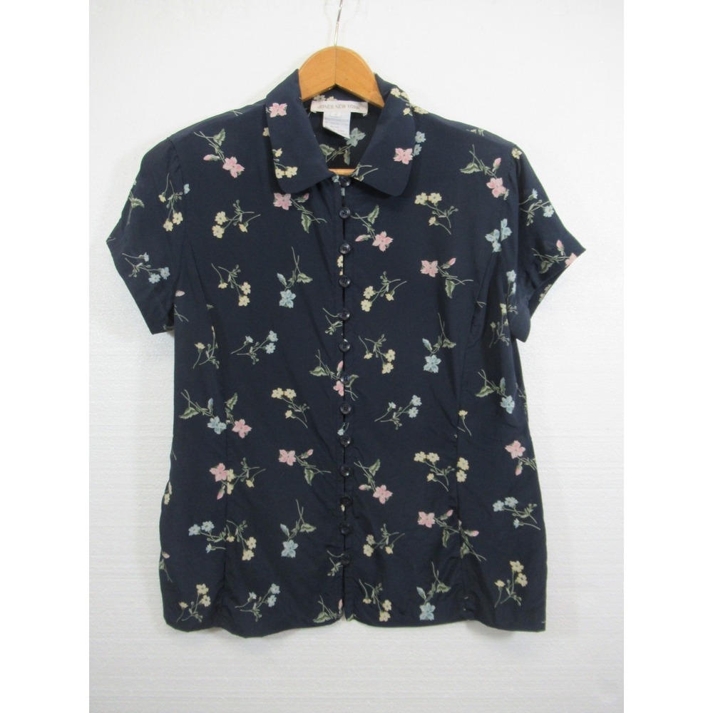 Vintage 90s Jones New York Silk Button Up Blouse Women 8 Blue Floral Cottagecore